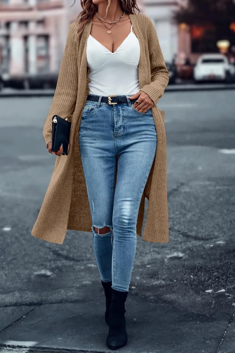 Danedvi Long Cardigan Sweaters for Women Ribbed Knit Open Front Long Sleeve Oversized Fall Casual Coat with Pockets
