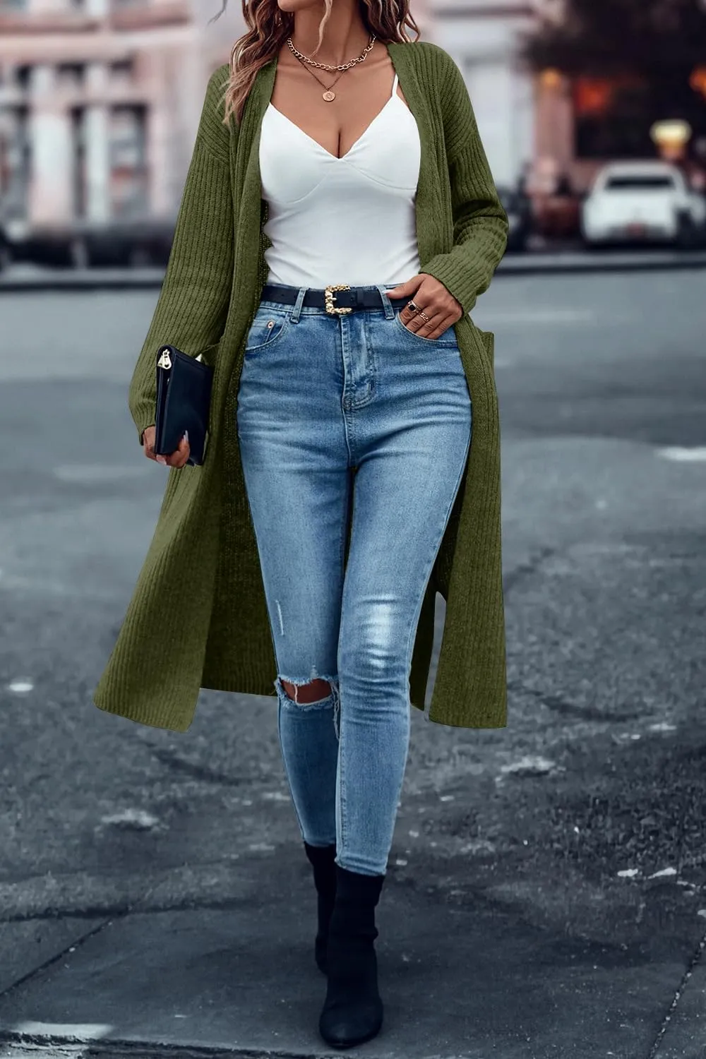 Danedvi Long Cardigan Sweaters for Women Ribbed Knit Open Front Long Sleeve Oversized Fall Casual Coat with Pockets