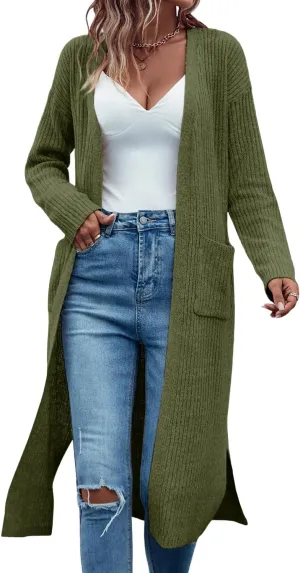 Danedvi Long Cardigan Sweaters for Women Ribbed Knit Open Front Long Sleeve Oversized Fall Casual Coat with Pockets