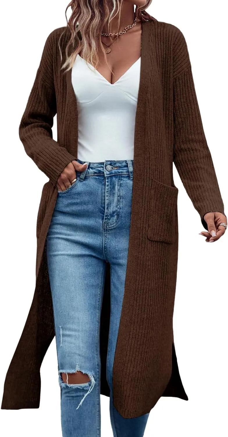 Danedvi Long Cardigan Sweaters for Women Ribbed Knit Open Front Long Sleeve Oversized Fall Casual Coat with Pockets