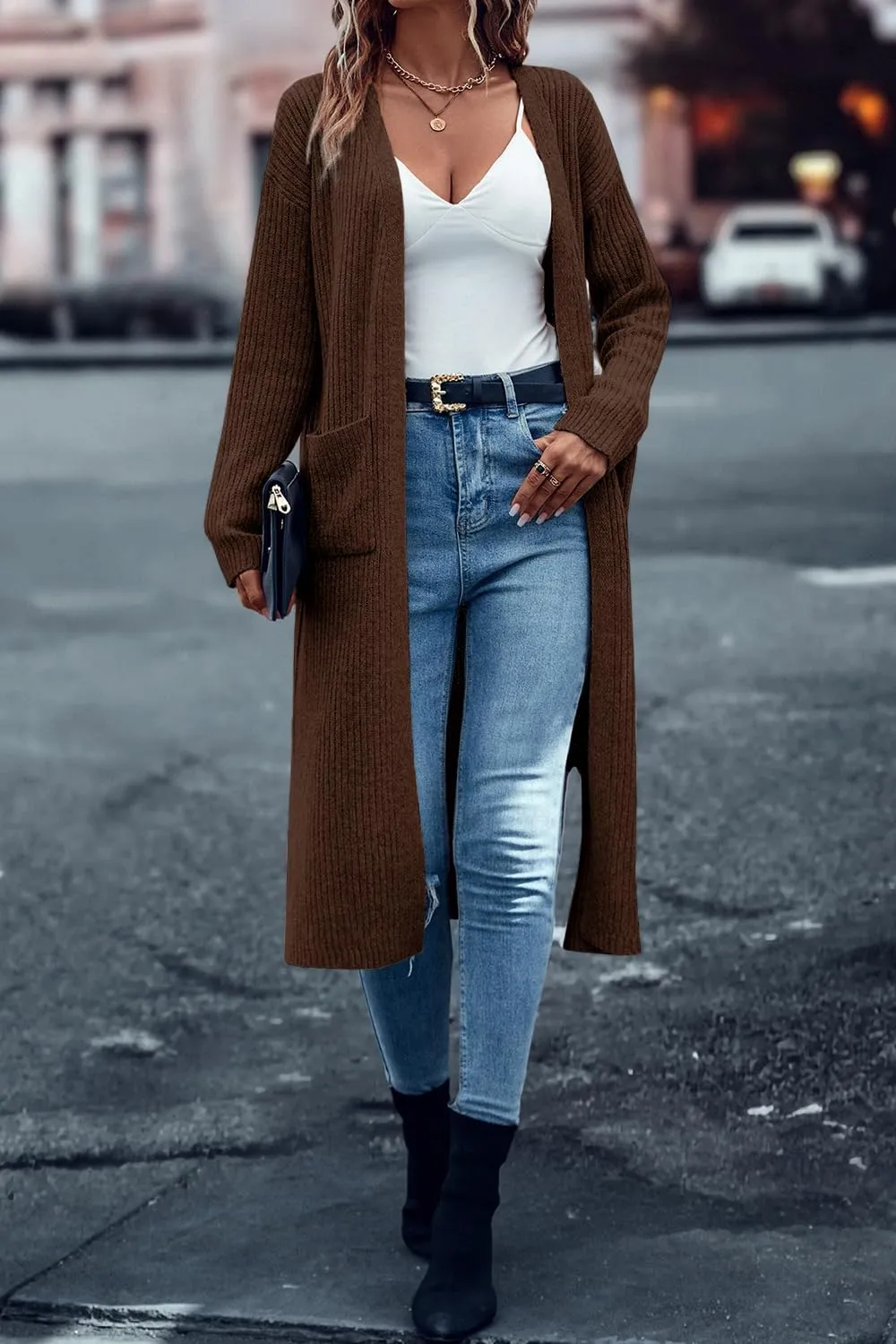 Danedvi Long Cardigan Sweaters for Women Ribbed Knit Open Front Long Sleeve Oversized Fall Casual Coat with Pockets