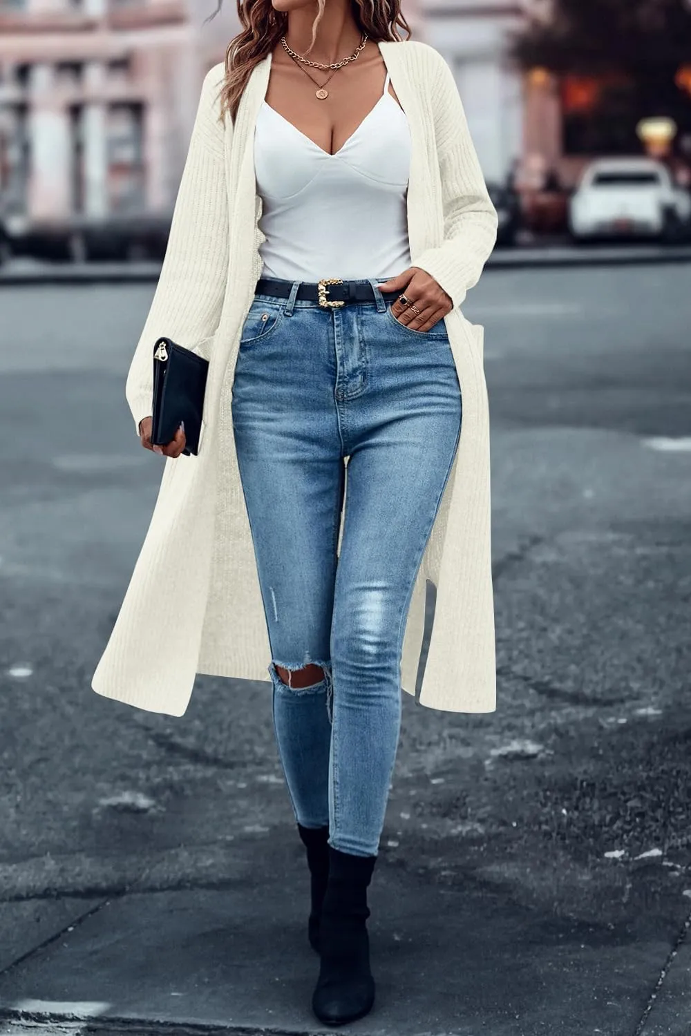 Danedvi Long Cardigan Sweaters for Women Ribbed Knit Open Front Long Sleeve Oversized Fall Casual Coat with Pockets