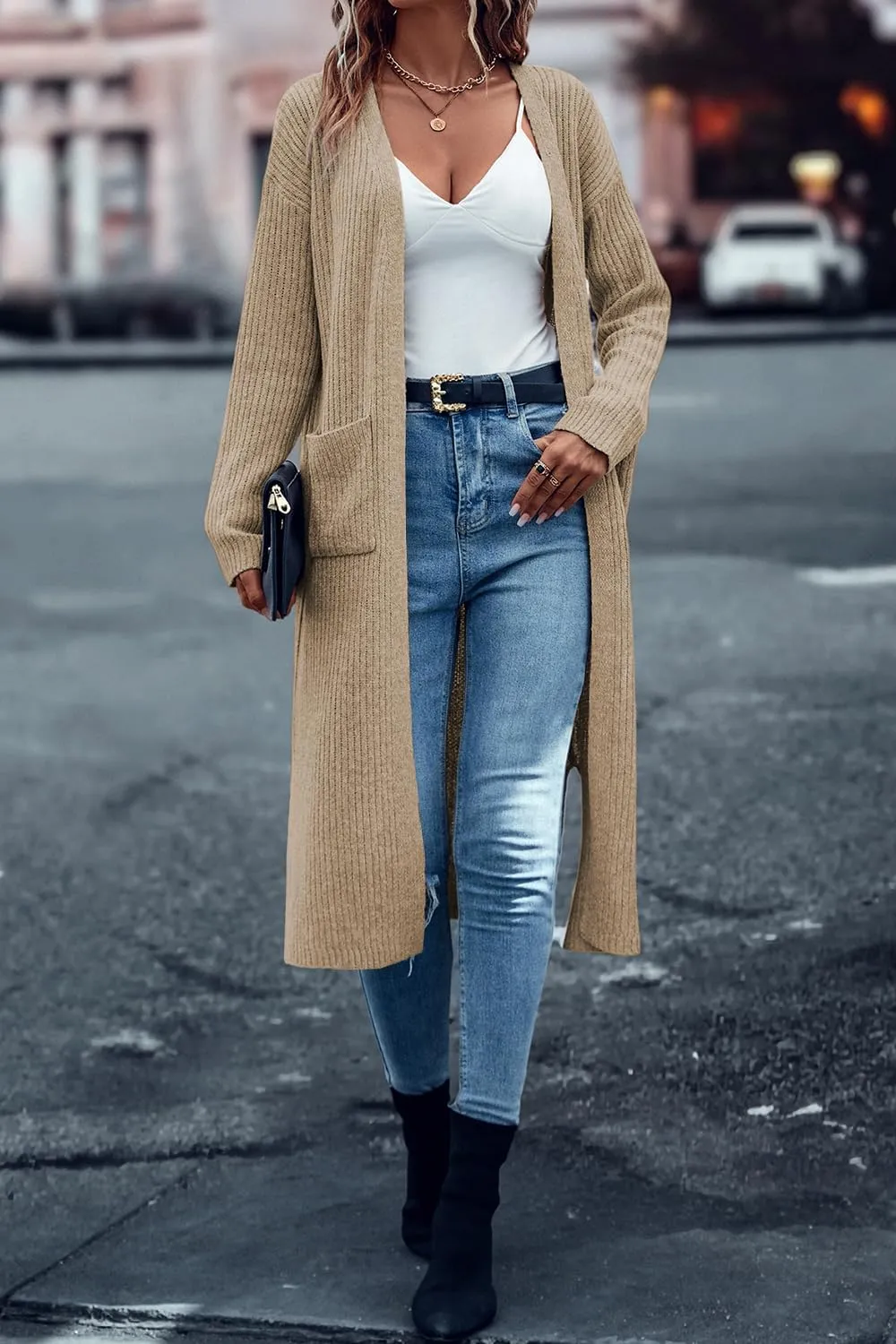 Danedvi Long Cardigan Sweaters for Women Ribbed Knit Open Front Long Sleeve Oversized Fall Casual Coat with Pockets