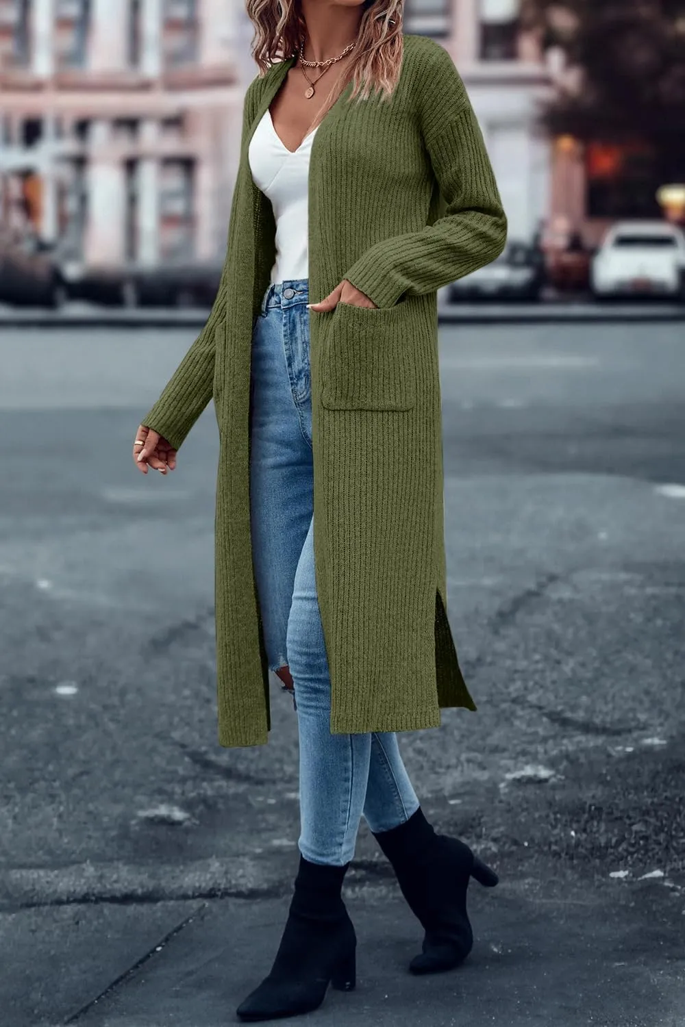 Danedvi Long Cardigan Sweaters for Women Ribbed Knit Open Front Long Sleeve Oversized Fall Casual Coat with Pockets