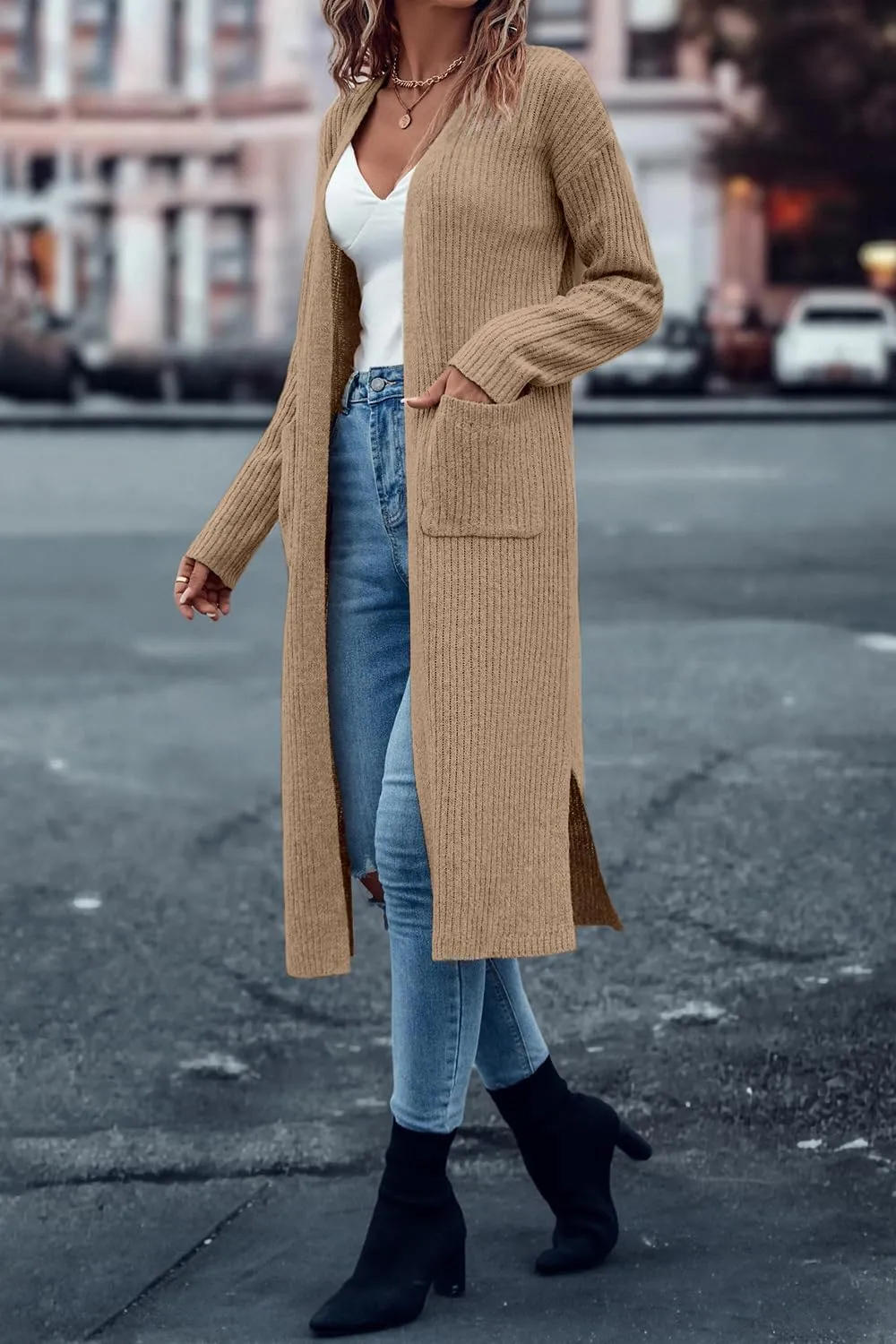 Danedvi Long Cardigan Sweaters for Women Ribbed Knit Open Front Long Sleeve Oversized Fall Casual Coat with Pockets