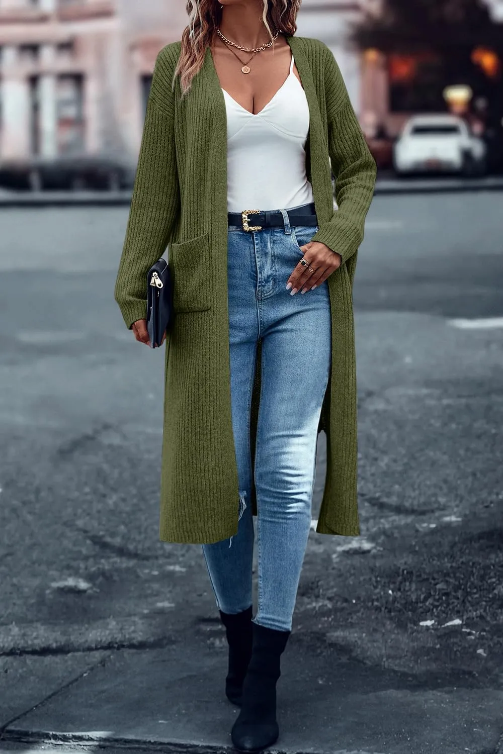 Danedvi Long Cardigan Sweaters for Women Ribbed Knit Open Front Long Sleeve Oversized Fall Casual Coat with Pockets
