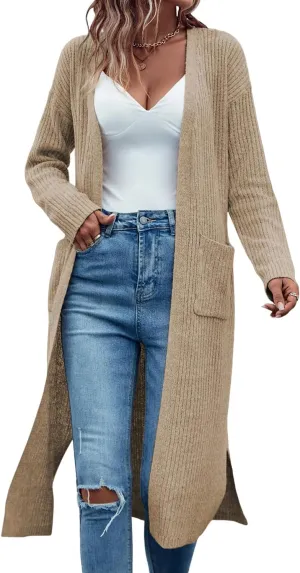 Danedvi Long Cardigan Sweaters for Women Ribbed Knit Open Front Long Sleeve Oversized Fall Casual Coat with Pockets