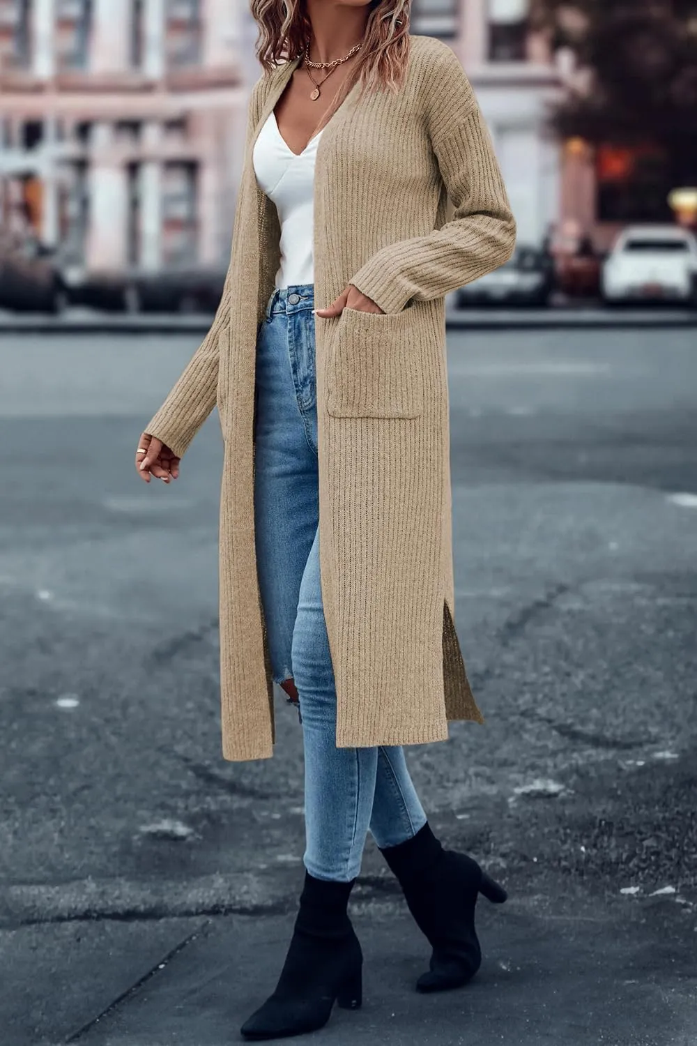 Danedvi Long Cardigan Sweaters for Women Ribbed Knit Open Front Long Sleeve Oversized Fall Casual Coat with Pockets