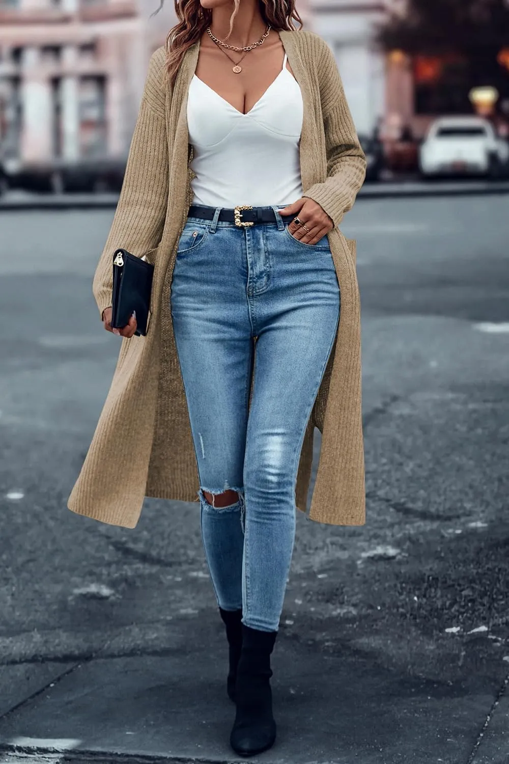 Danedvi Long Cardigan Sweaters for Women Ribbed Knit Open Front Long Sleeve Oversized Fall Casual Coat with Pockets
