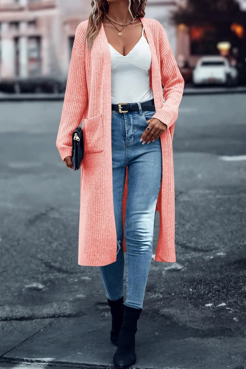 Danedvi Long Cardigan Sweaters for Women Ribbed Knit Open Front Long Sleeve Oversized Fall Casual Coat with Pockets