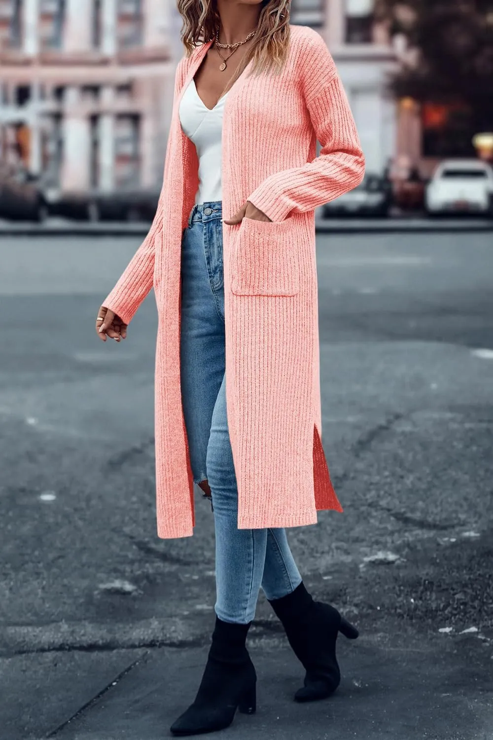 Danedvi Long Cardigan Sweaters for Women Ribbed Knit Open Front Long Sleeve Oversized Fall Casual Coat with Pockets