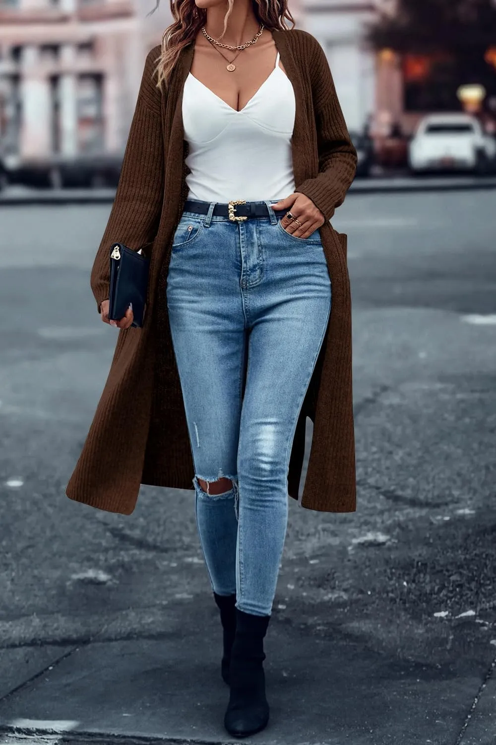 Danedvi Long Cardigan Sweaters for Women Ribbed Knit Open Front Long Sleeve Oversized Fall Casual Coat with Pockets
