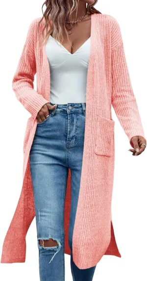 Danedvi Long Cardigan Sweaters for Women Ribbed Knit Open Front Long Sleeve Oversized Fall Casual Coat with Pockets