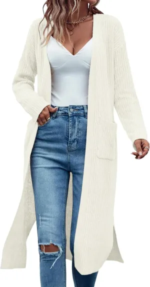 Danedvi Long Cardigan Sweaters for Women Ribbed Knit Open Front Long Sleeve Oversized Fall Casual Coat with Pockets