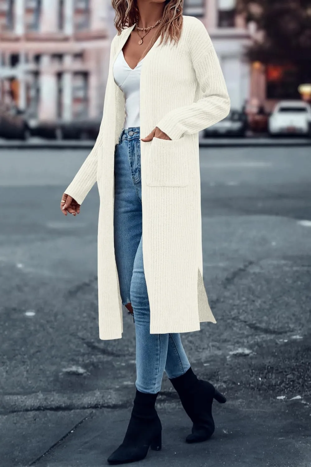 Danedvi Long Cardigan Sweaters for Women Ribbed Knit Open Front Long Sleeve Oversized Fall Casual Coat with Pockets