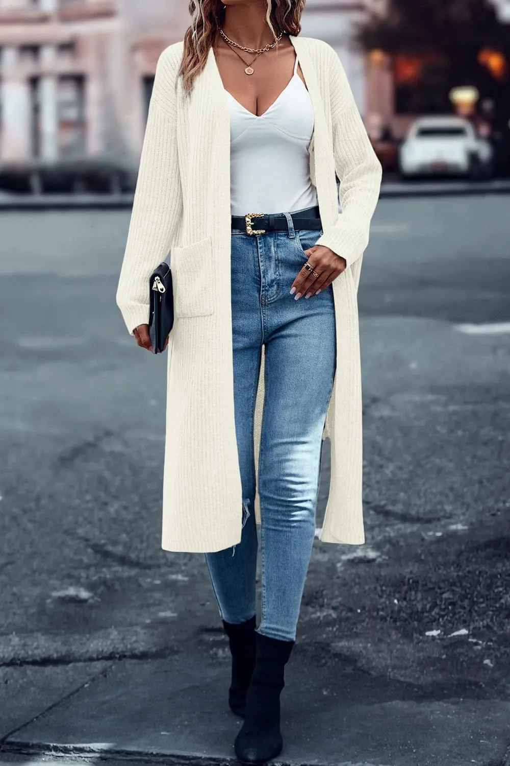 Danedvi Long Cardigan Sweaters for Women Ribbed Knit Open Front Long Sleeve Oversized Fall Casual Coat with Pockets