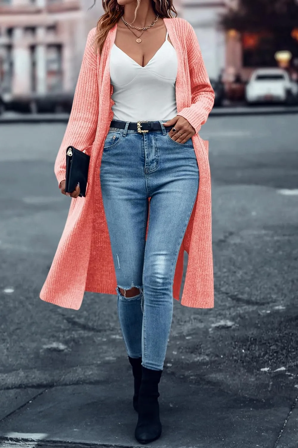 Danedvi Long Cardigan Sweaters for Women Ribbed Knit Open Front Long Sleeve Oversized Fall Casual Coat with Pockets