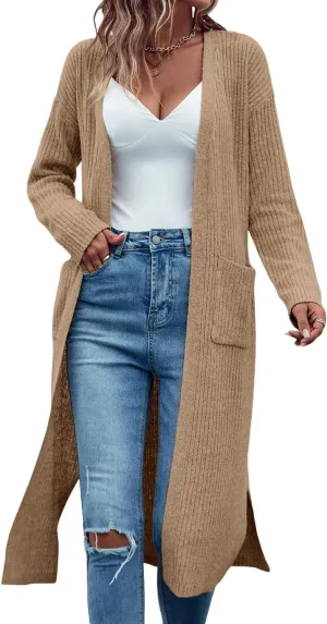 Danedvi Long Cardigan Sweaters for Women Ribbed Knit Open Front Long Sleeve Oversized Fall Casual Coat with Pockets