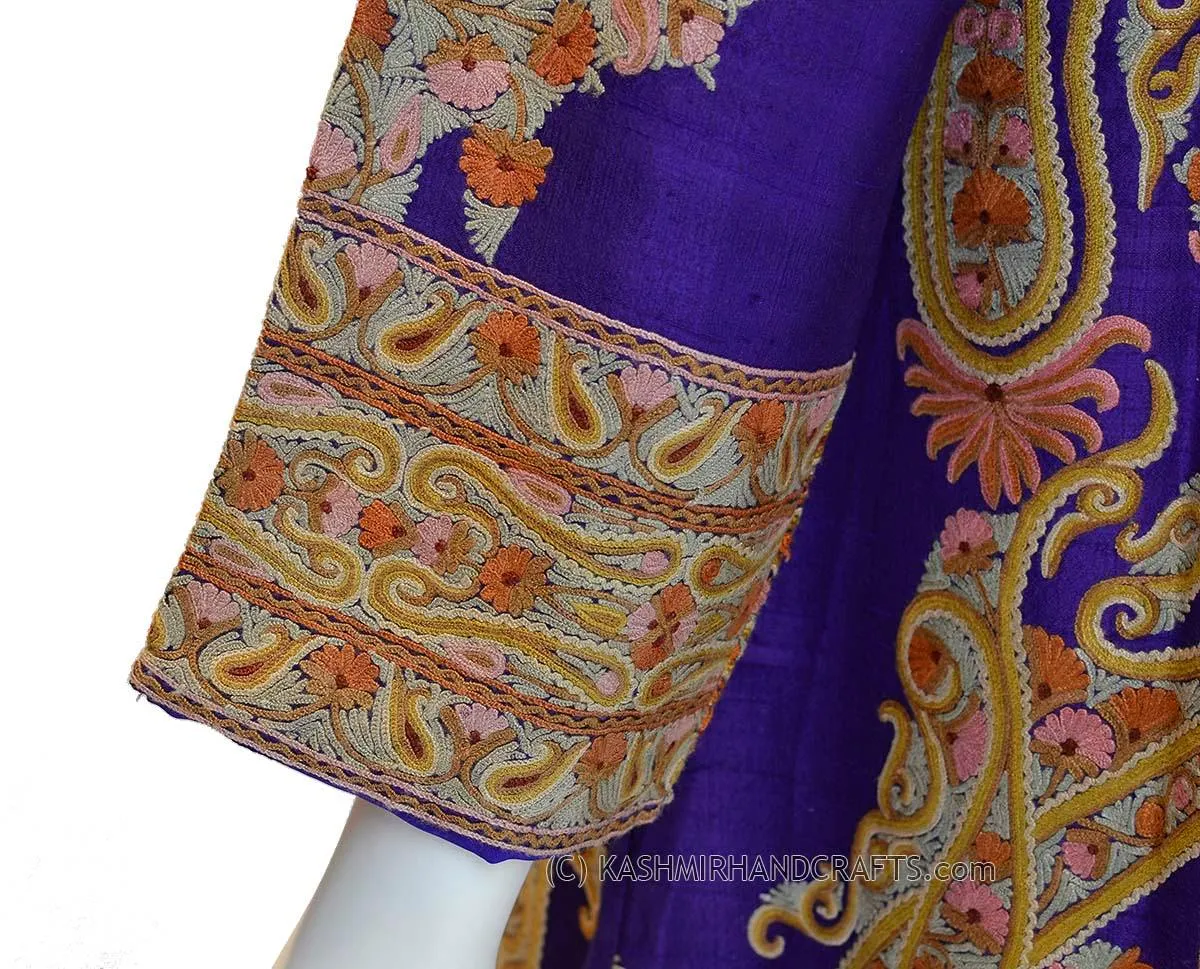Dark Purple Silk Jacket Dinner Paisley Evening Dress Coat Hand Embroidered Kashmir