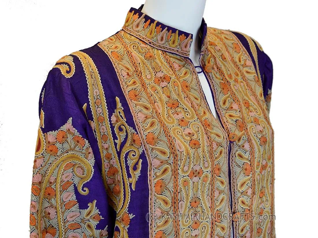 Dark Purple Silk Jacket Dinner Paisley Evening Dress Coat Hand Embroidered Kashmir
