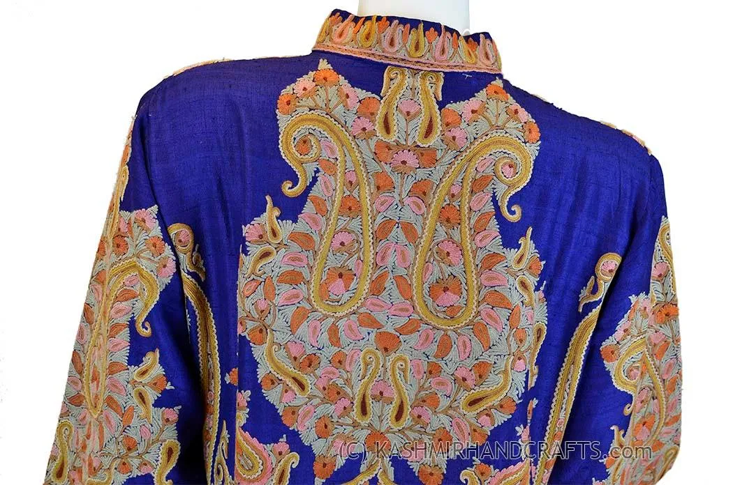 Dark Purple Silk Jacket Dinner Paisley Evening Dress Coat Hand Embroidered Kashmir