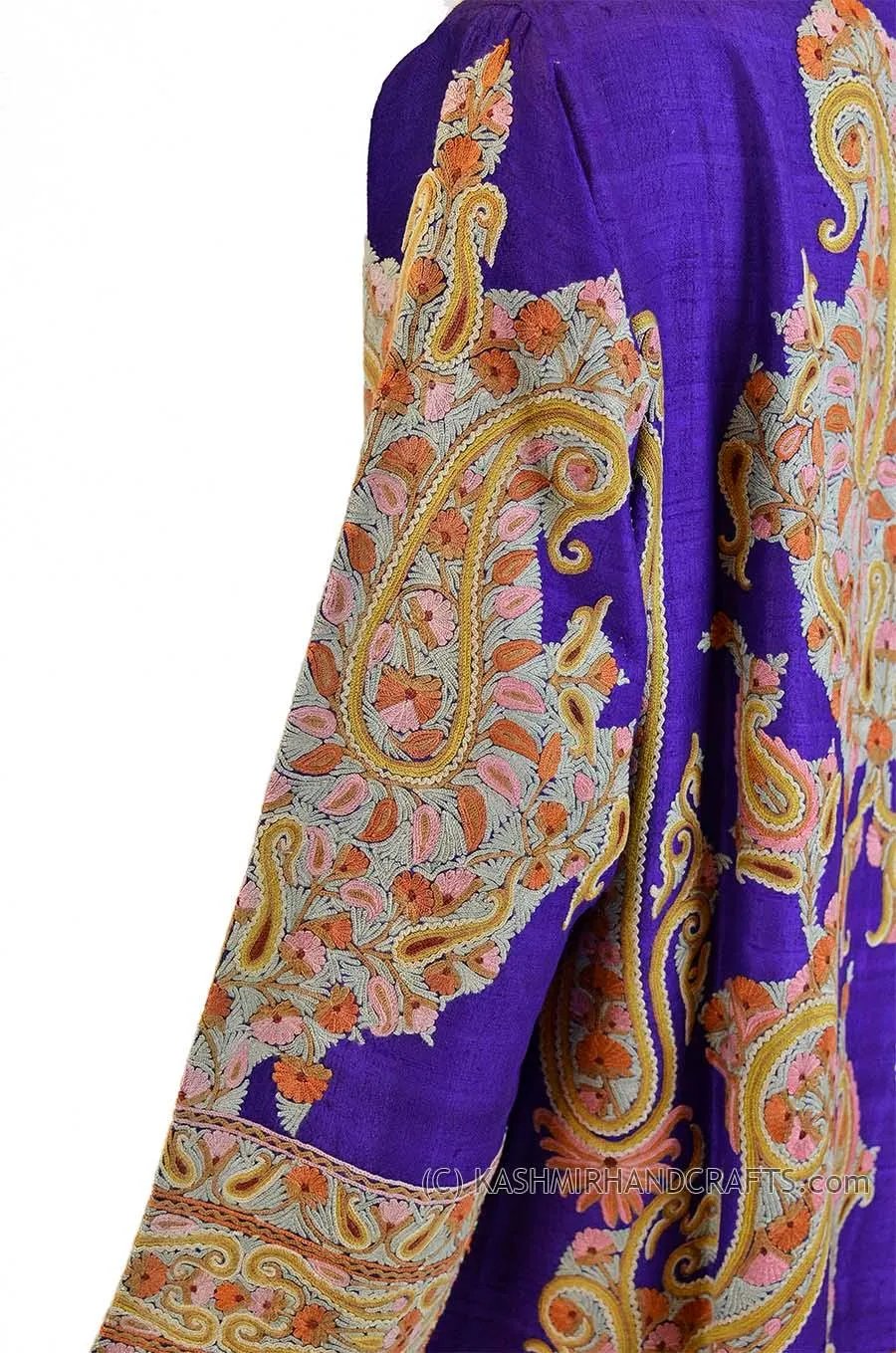 Dark Purple Silk Jacket Dinner Paisley Evening Dress Coat Hand Embroidered Kashmir