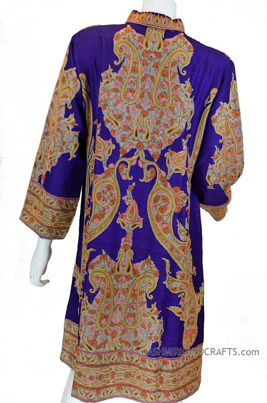 Dark Purple Silk Jacket Dinner Paisley Evening Dress Coat Hand Embroidered Kashmir