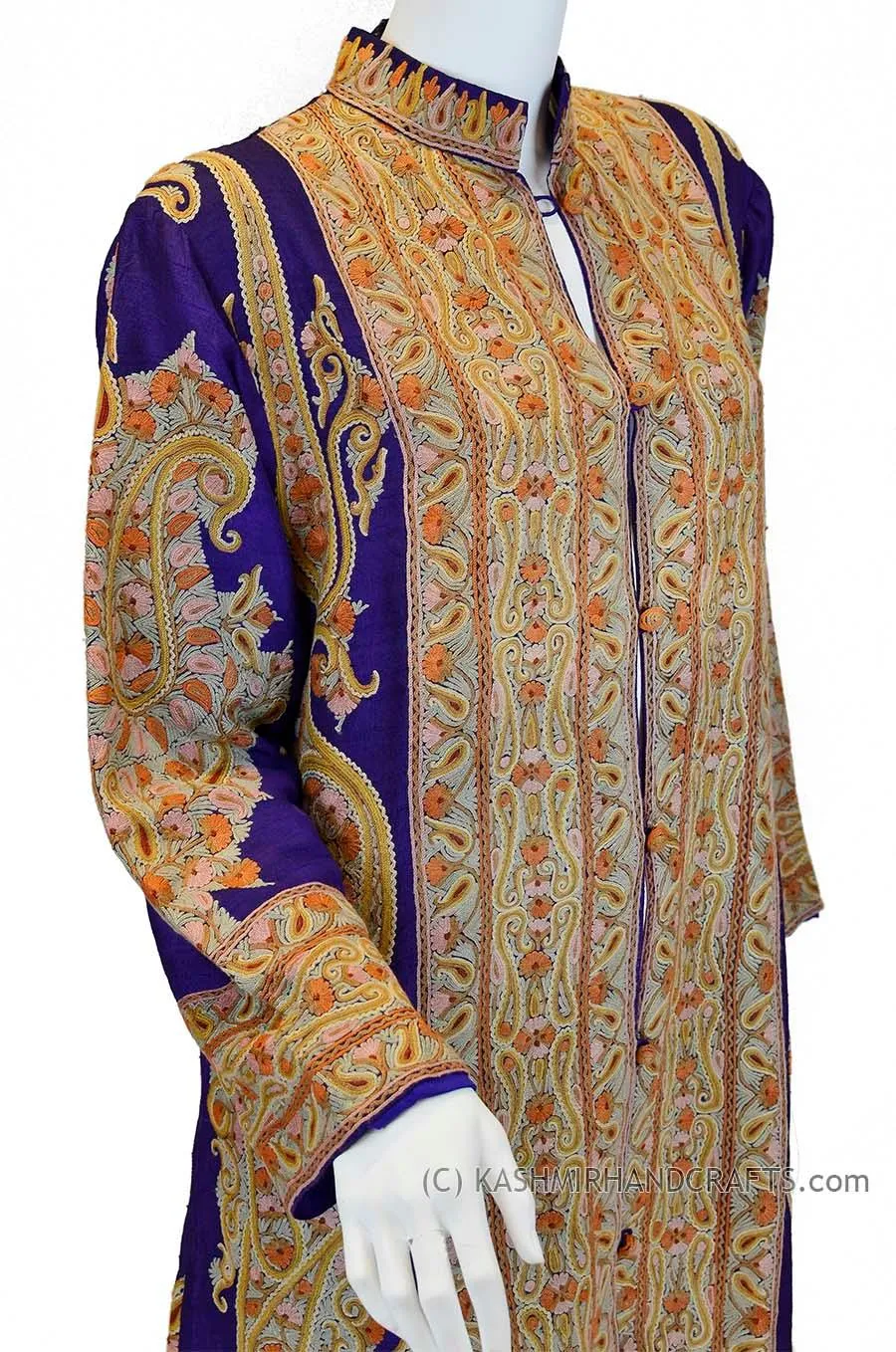 Dark Purple Silk Jacket Dinner Paisley Evening Dress Coat Hand Embroidered Kashmir