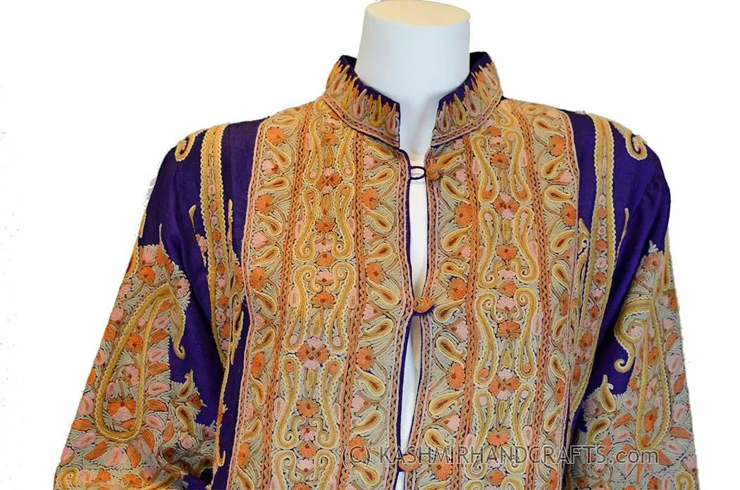Dark Purple Silk Jacket Dinner Paisley Evening Dress Coat Hand Embroidered Kashmir