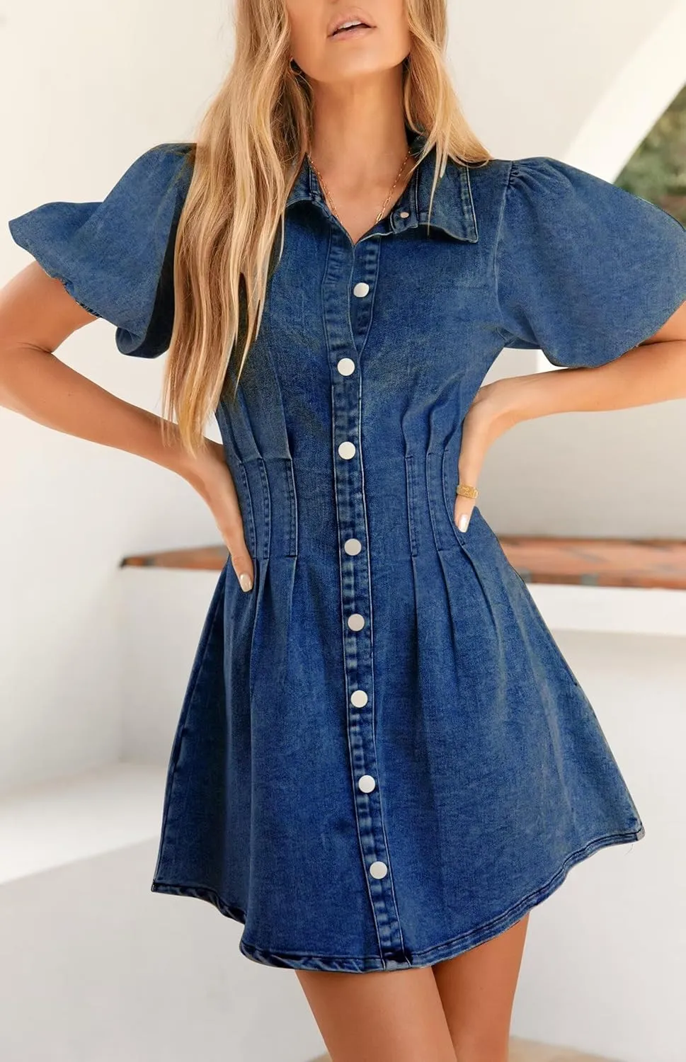 Denim Dress for Women Puff Sleeve Mini Jean Dresses for Women 2025 Summer Casual Denim Dress