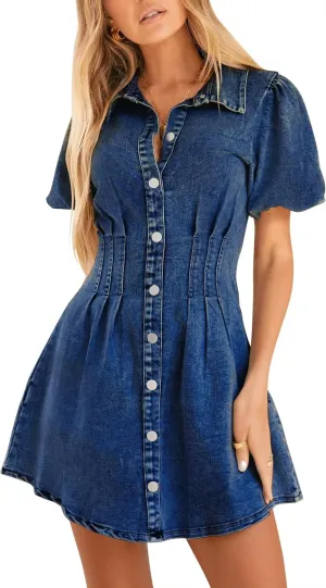 Denim Dress for Women Puff Sleeve Mini Jean Dresses for Women 2025 Summer Casual Denim Dress