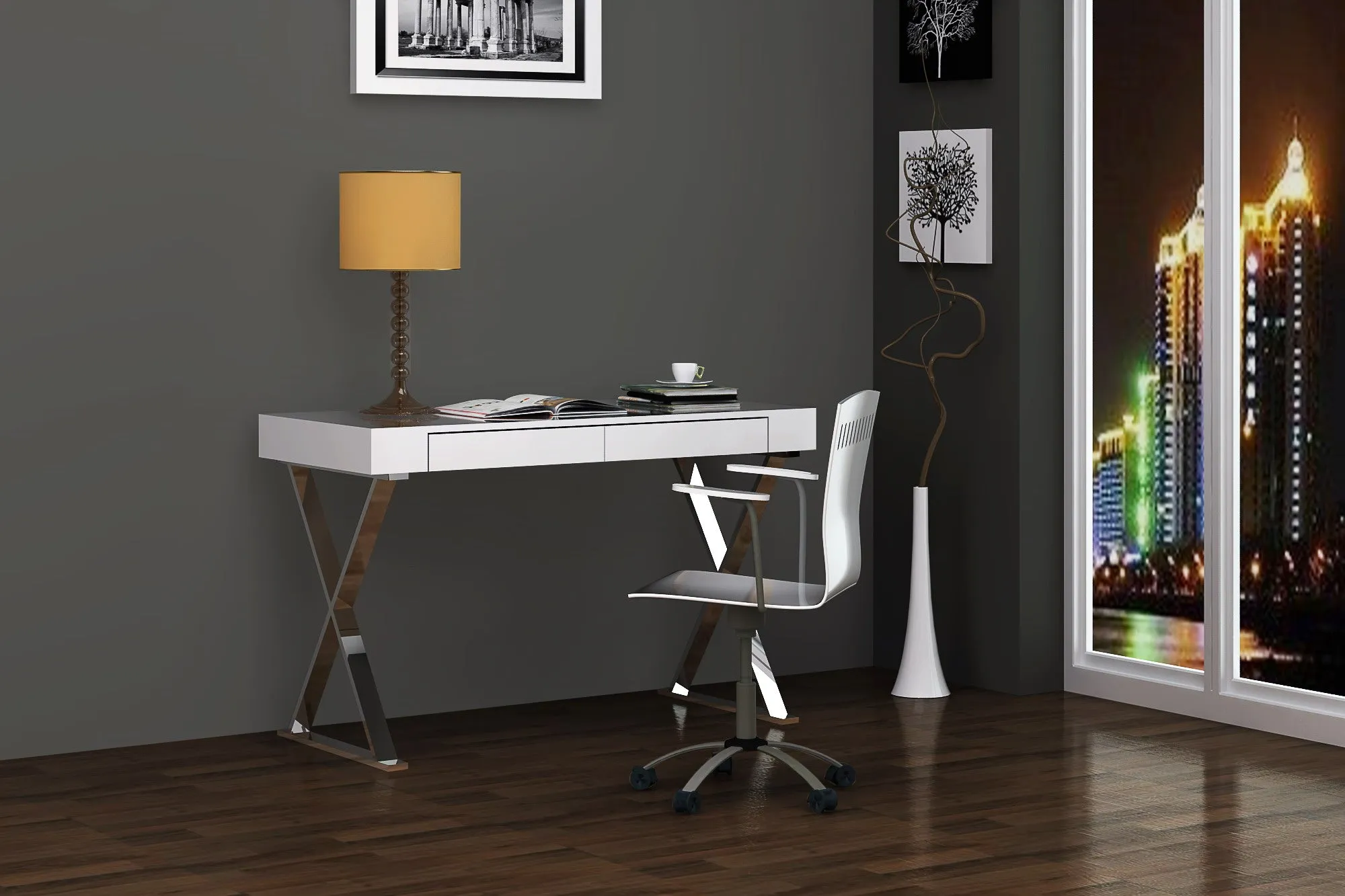 Desk Large High Gloss White Two Drawers Stainless Steel Base By Homeroots