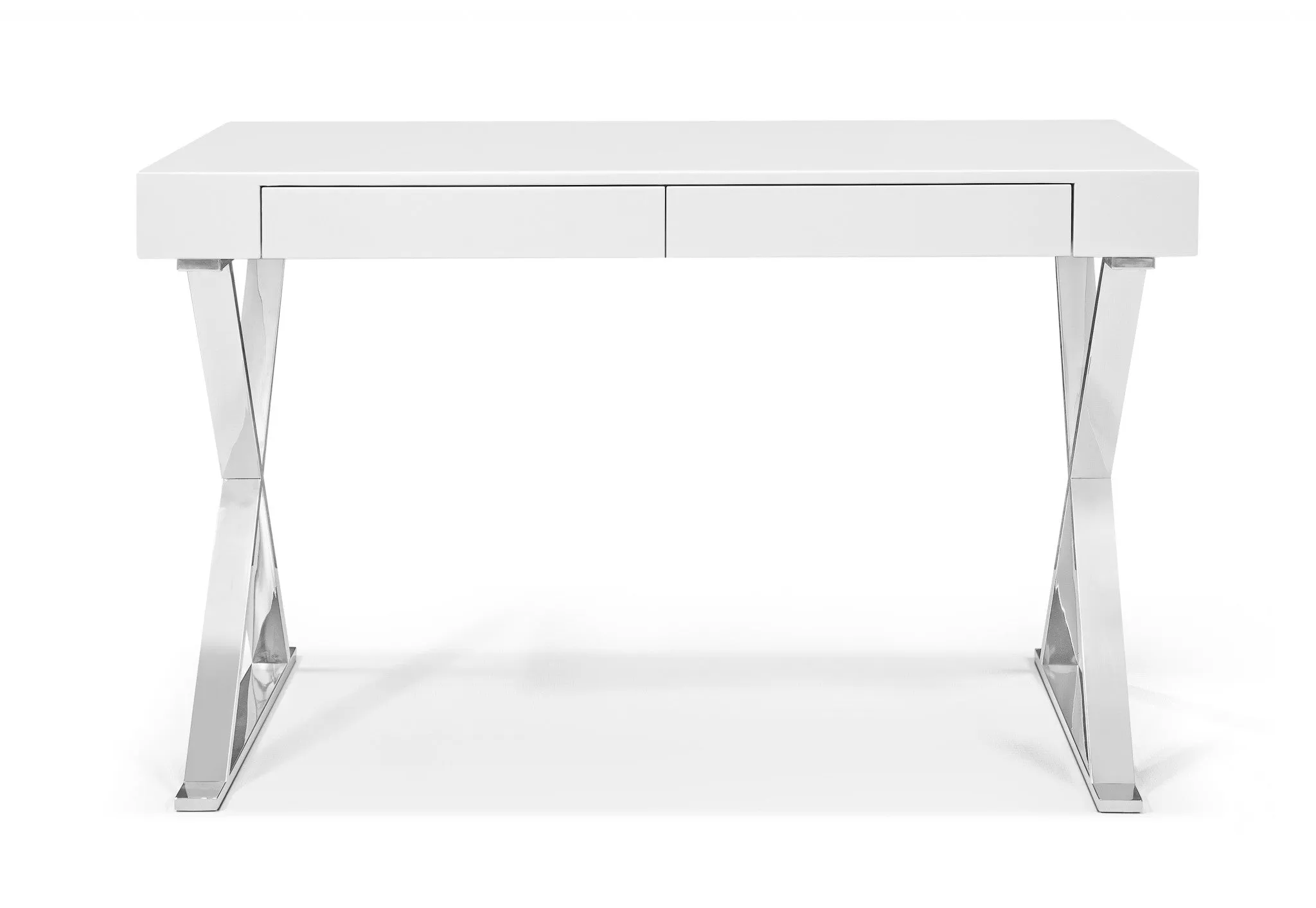 Desk Large High Gloss White Two Drawers Stainless Steel Base By Homeroots