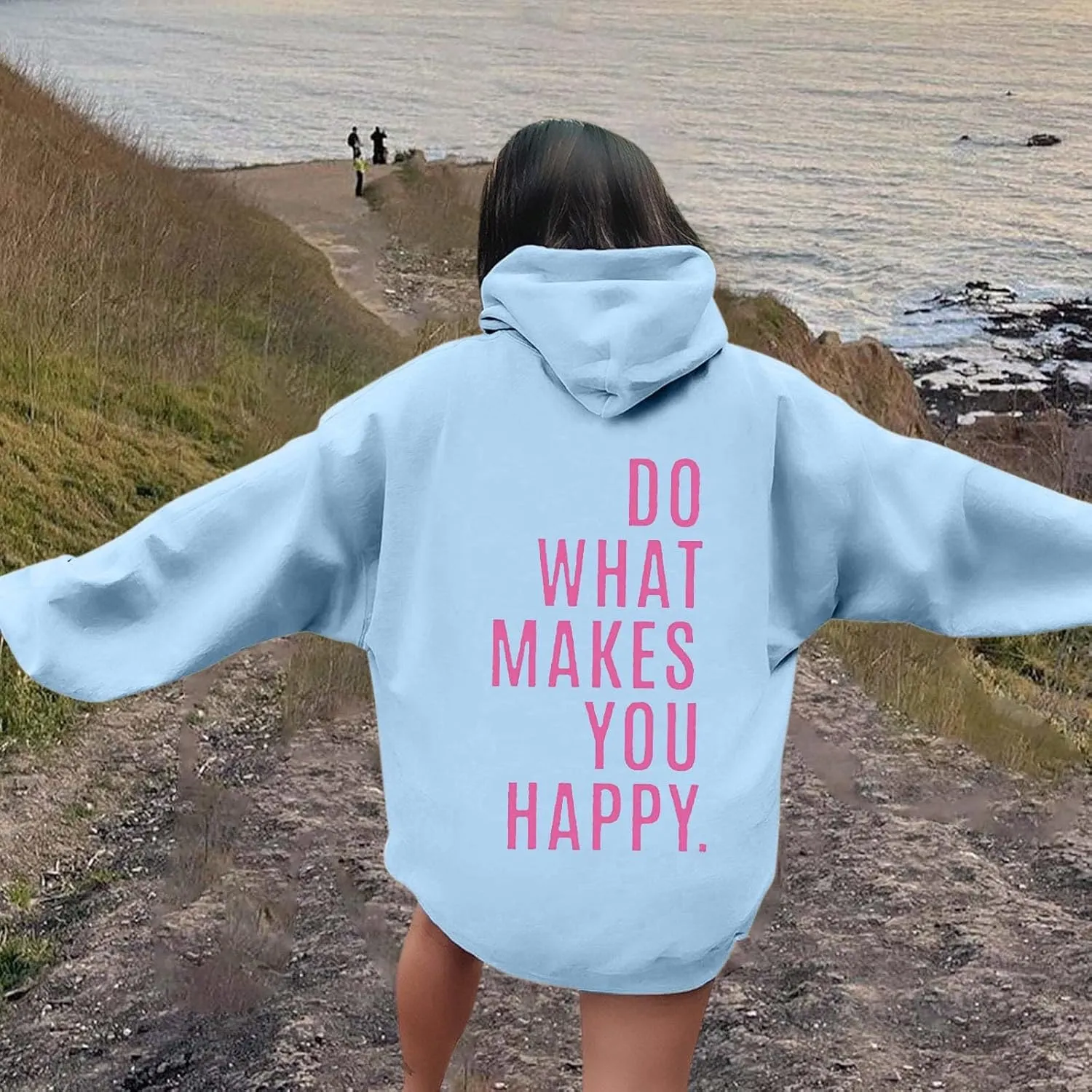 Do What Makes You Happy Print Sweatshirts Womens Oversized Hoodies Long Sleeve Pullover Tops Drawstring Pocket Outfits