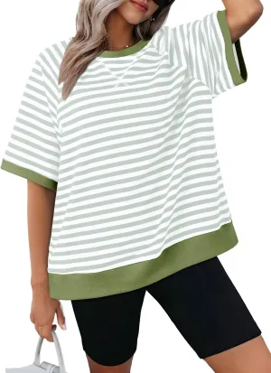 Dokotoo Oversized T Shirts for Women Striped Color Block Crewneck Short Sleeve Casual Summer Tops Lightweight Loose Blouses