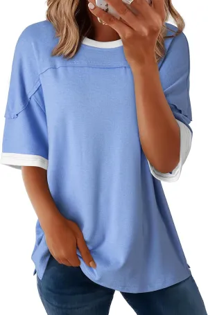 Dokotoo Summer Tops for Women 2025 Loose Oversized T Shirts Crewneck Color Block Side Slits Basic Tee Blouses