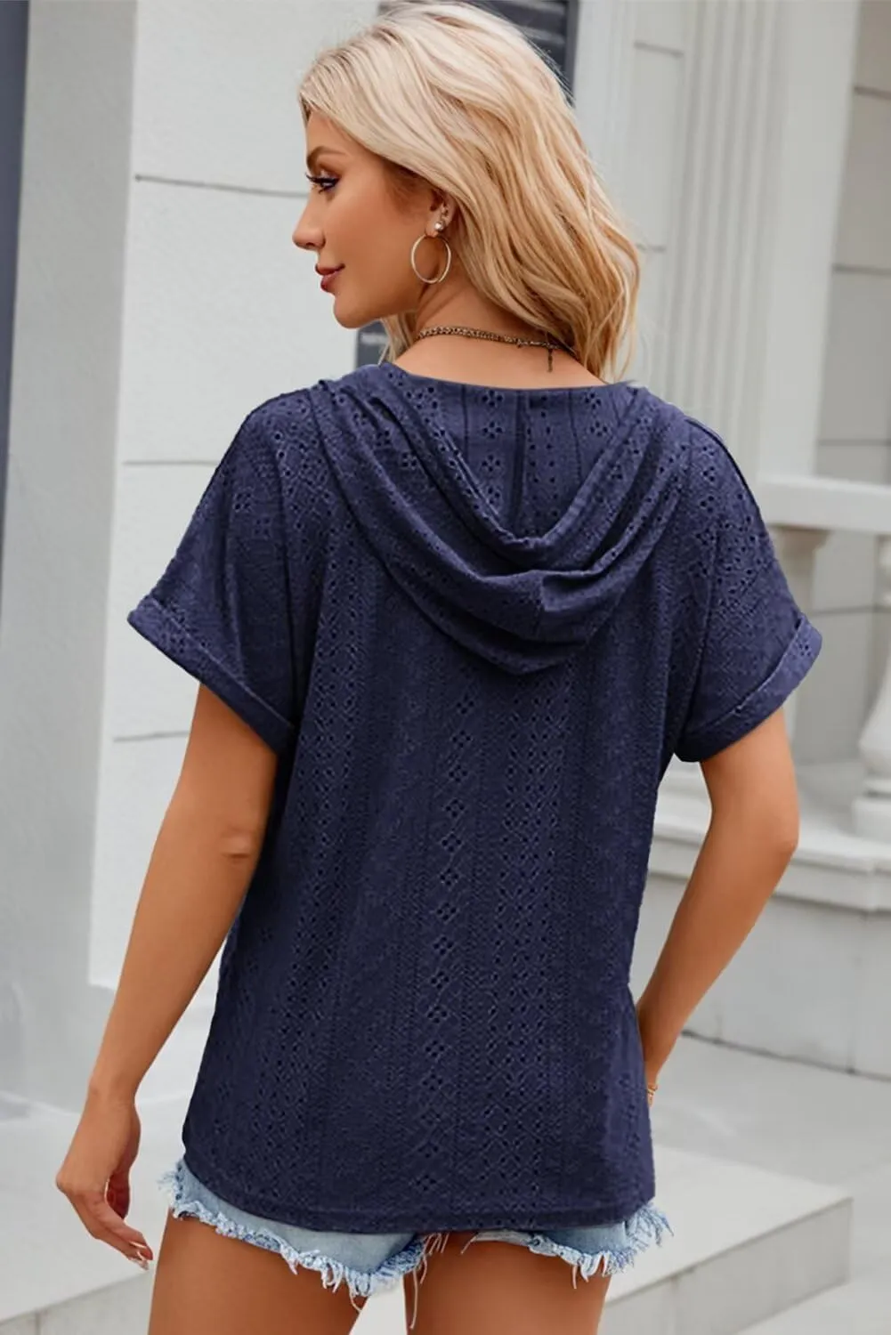 Dokotoo Sweatshirts for Women Spring Summer Hollow Out Hoodies Drawstring Button V Neck Short Sleeve Pullover Sweatshirt