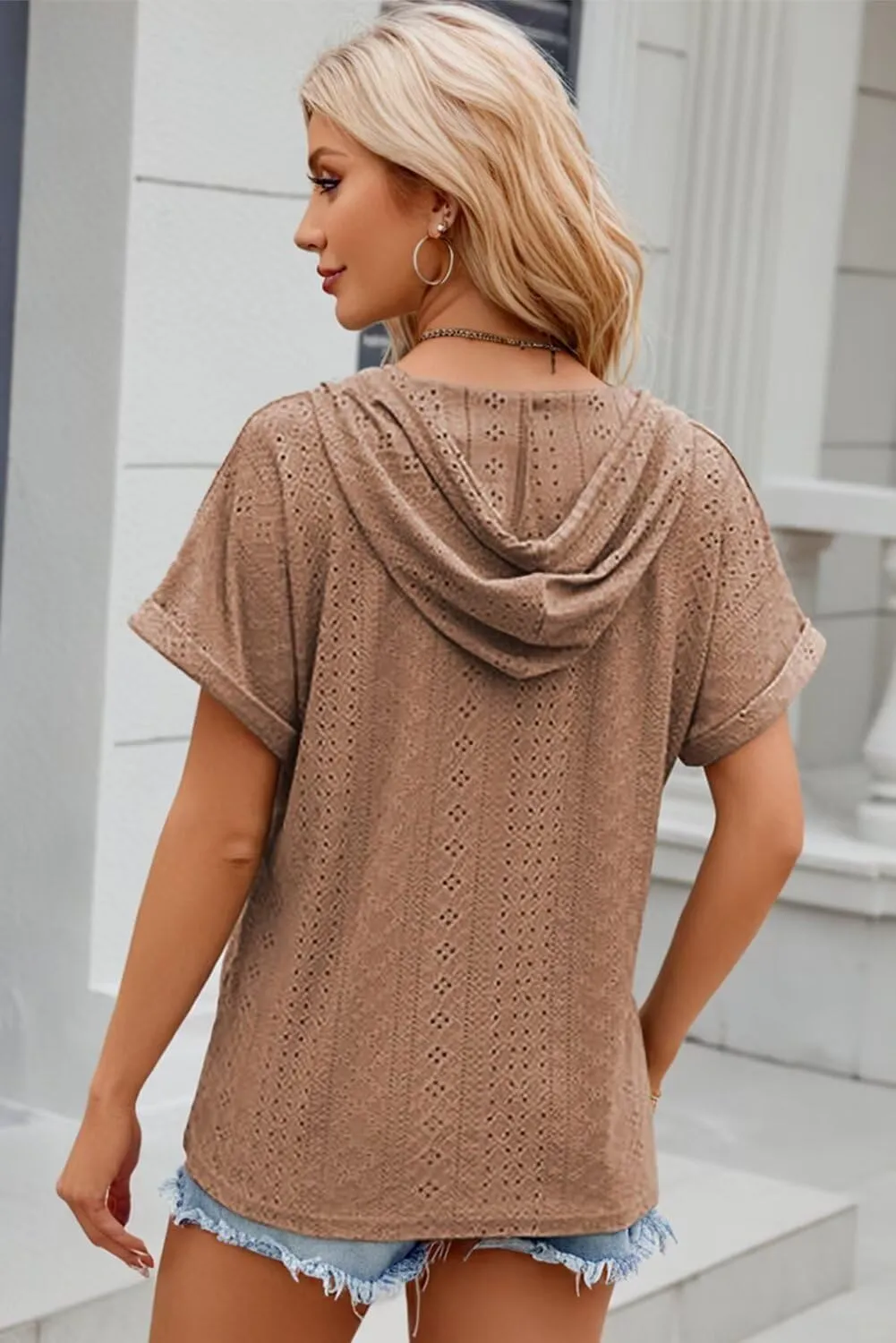 Dokotoo Sweatshirts for Women Spring Summer Hollow Out Hoodies Drawstring Button V Neck Short Sleeve Pullover Sweatshirt