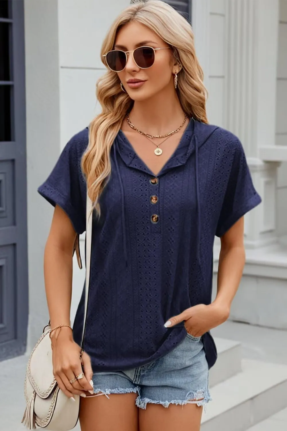 Dokotoo Sweatshirts for Women Spring Summer Hollow Out Hoodies Drawstring Button V Neck Short Sleeve Pullover Sweatshirt