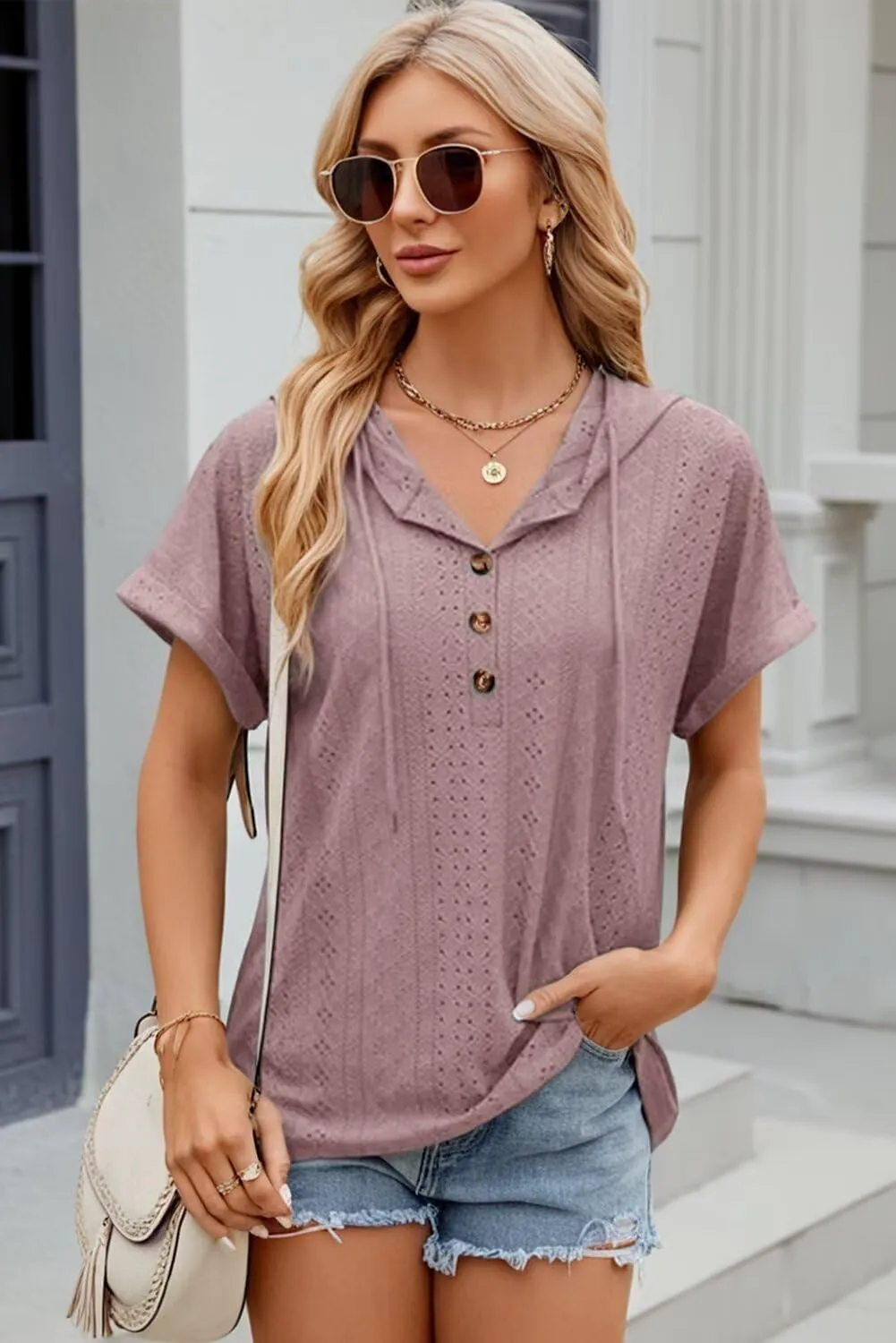 Dokotoo Sweatshirts for Women Spring Summer Hollow Out Hoodies Drawstring Button V Neck Short Sleeve Pullover Sweatshirt