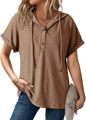 Dokotoo Sweatshirts for Women Spring Summer Hollow Out Hoodies Drawstring Button V Neck Short Sleeve Pullover Sweatshirt