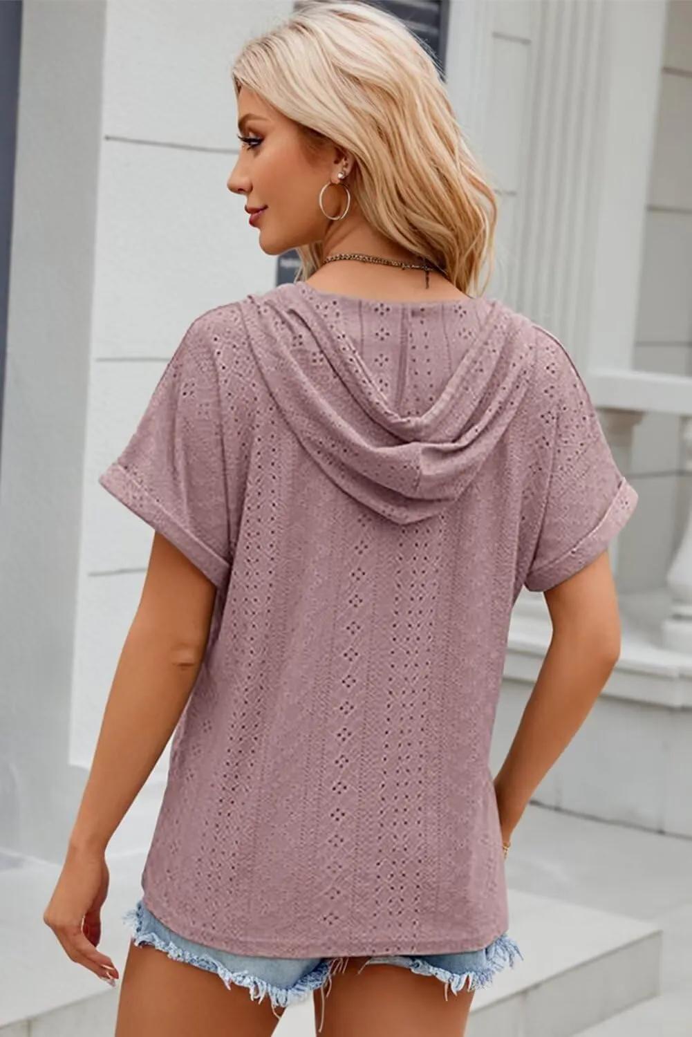 Dokotoo Sweatshirts for Women Spring Summer Hollow Out Hoodies Drawstring Button V Neck Short Sleeve Pullover Sweatshirt