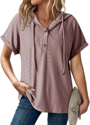Dokotoo Sweatshirts for Women Spring Summer Hollow Out Hoodies Drawstring Button V Neck Short Sleeve Pullover Sweatshirt