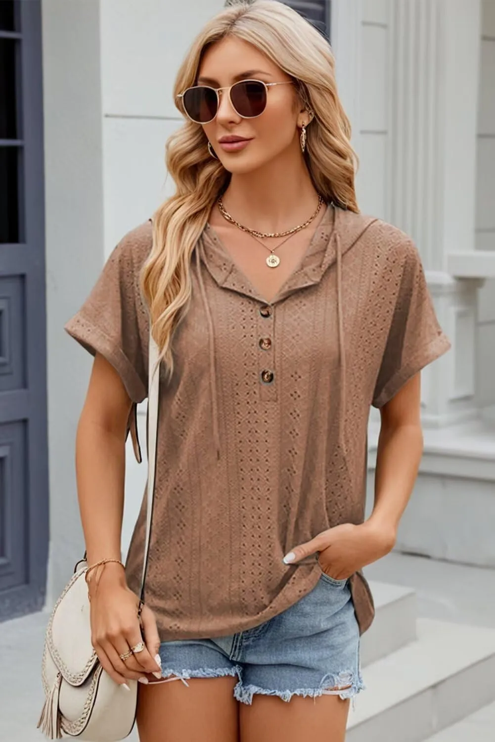 Dokotoo Sweatshirts for Women Spring Summer Hollow Out Hoodies Drawstring Button V Neck Short Sleeve Pullover Sweatshirt