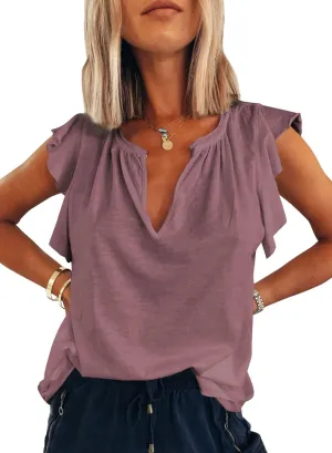 Dokotoo Women's Casual V Neck Ruffle Sleeve Summer Tank Tops Shirts