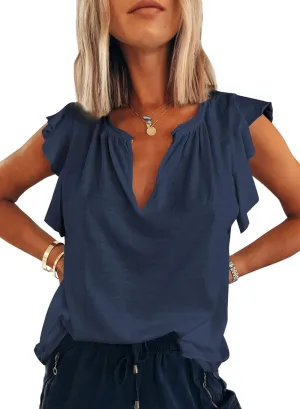 Dokotoo Women's Casual V Neck Ruffle Sleeve Summer Tank Tops Shirts