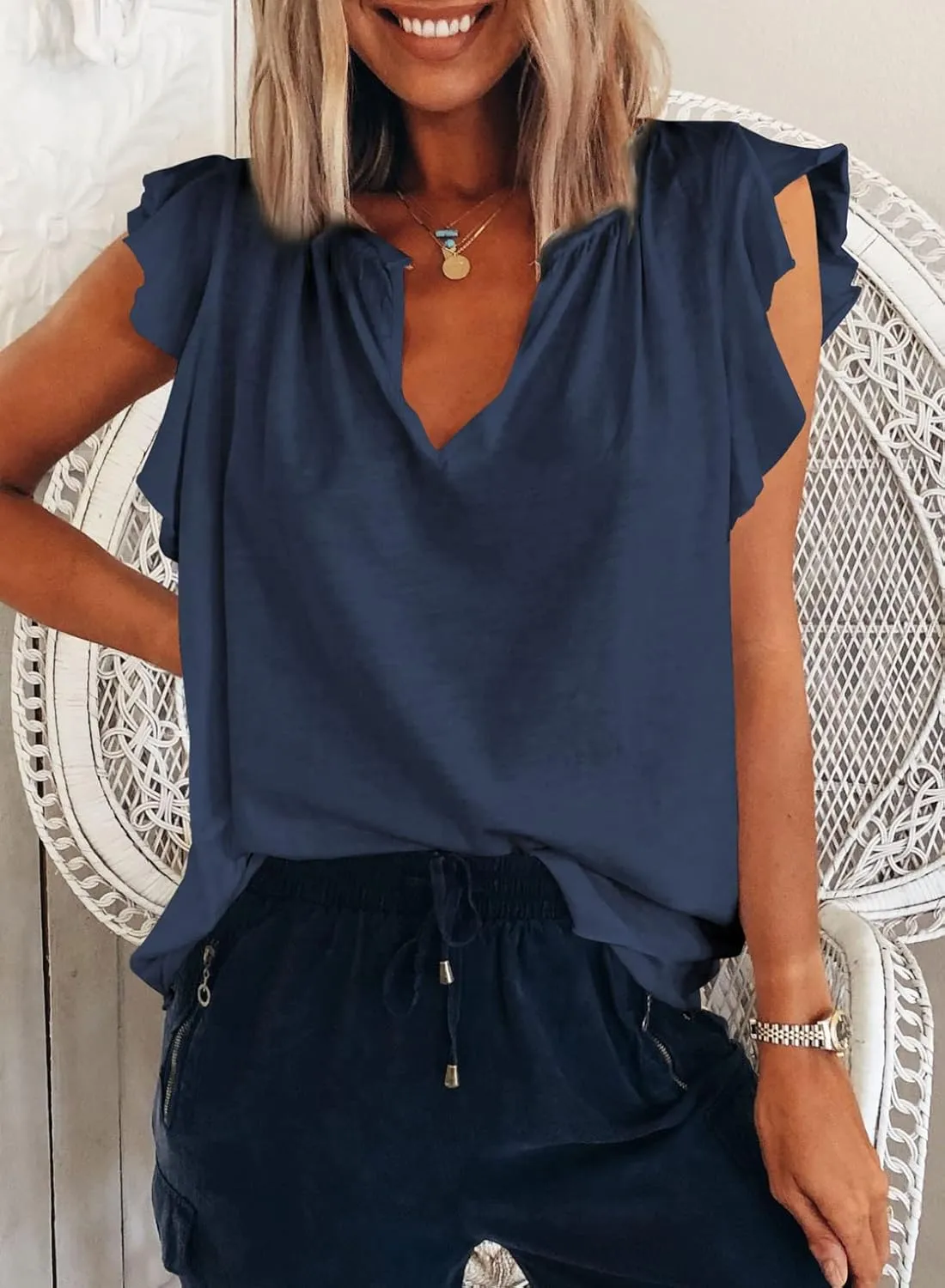 Dokotoo Women's Casual V Neck Ruffle Sleeve Summer Tank Tops Shirts