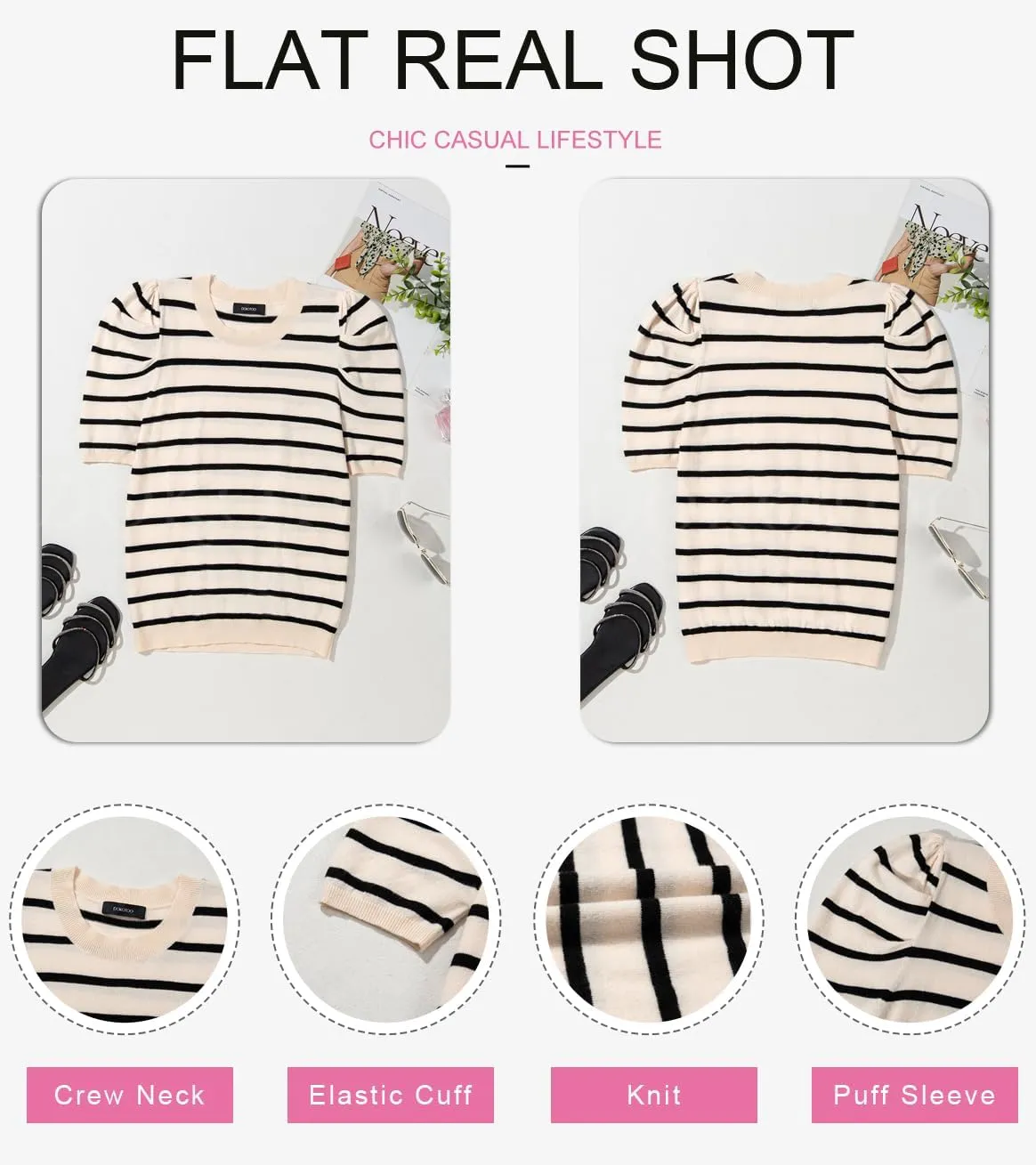 Dokotoo Women's Short Puff Sleeve Knit Tops 2025 Trendy Crewneck Striped T Shirts Casual Summer Blouses