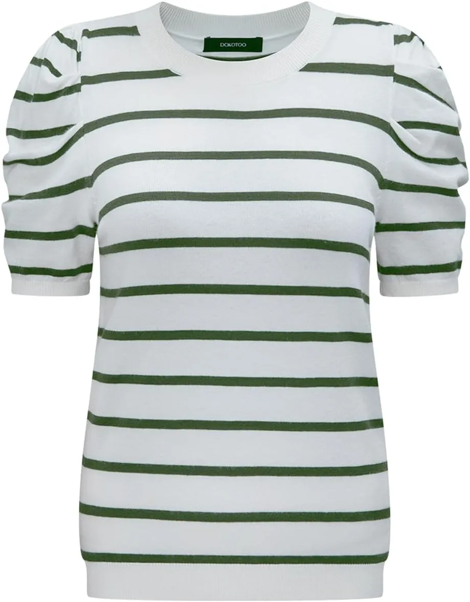 Dokotoo Women's Short Puff Sleeve Knit Tops 2025 Trendy Crewneck Striped T Shirts Casual Summer Blouses