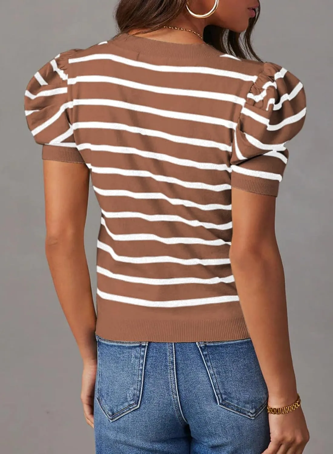 Dokotoo Women's Short Puff Sleeve Knit Tops 2025 Trendy Crewneck Striped T Shirts Casual Summer Blouses